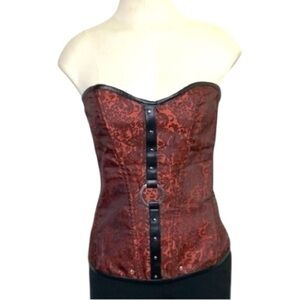 Red Black Corset Top Tapestry Faux Leather Lace up Bustier L/XL Romantic Goth